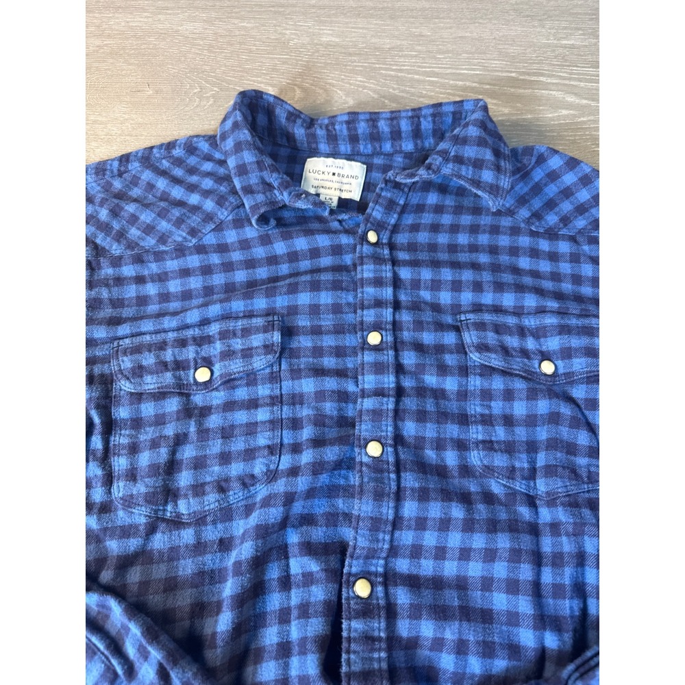 Lucky Brand Mens Saturday Stretch Buffalo Plaid Western Snap Shirt Blue Large